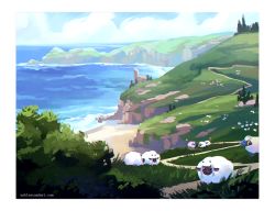 :3 artist_name ashley_coad beach blue_sky border bush cliff cloud day gen_2_pokemon gen_8_pokemon grass hill looking_at_viewer mareep nintendo no_humans ocean pokemon pokemon_(creature) pokemon_swsh road rock scenery sky tree water watermark web_address white_border wool wooloo