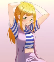 1girl akatsuki_shioko arms_up blonde_hair blush closed_mouth digimon digimon_frontier green_eyes holding_with_mouth long_hair looking_at_viewer midriff navel orimoto_izumi ponytail purple_skirt shirt simple_background skirt solo striped_clothes striped_shirt tying_hair