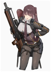 Rule 34 | 1girl, absurdres, black gloves, black jacket, black pantyhose, black shorts, breasts, brown corset, brown necktie, bullpup, button gap, chest harness, collared shirt, corset, cropped legs, girls&#039; frontline, girls&#039; frontline 2: exilium, gloves, gun, hair ribbon, hand on own hip, harness, highres, holding, holding gun, holding weapon, instrument case, jacket, large breasts, long hair, looking at viewer, makiatto (girls&#039; frontline 2), necktie, open mouth, pantyhose, partially fingerless gloves, partially unbuttoned, ponytail, purple corset, purple hair, red eyes, red necktie, red ribbon, ribbon, rifle, shirt, shorts, side ponytail, simple background, sniper rifle, solo, sutekina awa, violin case, wa2000 (girls&#039; frontline), walther, walther wa 2000, weapon, white background, white shirt