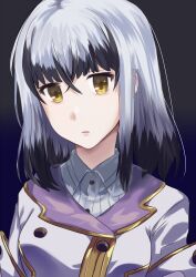 Rule 34 | 1girl, black hair, blunt bangs, buttons, close-up, collared shirt, colored tips, commentary request, double-breasted, expressionless, gradient background, grey hair, grey shirt, highres, jacket, lips, long sleeves, looking at viewer, mashitono desu, multicolored hair, orange eyes, origami family&#039;s special defense team uniform, parted lips, satsuki yomi, shirt, simple background, solo, striped clothes, striped shirt, toji no miko, upper body, white jacket