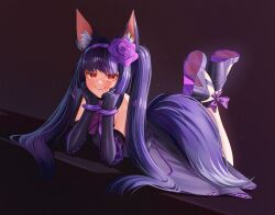 Rule 34 | 1girl, animal ear fluff, animal ears, backless outfit, bare shoulders, blush, bow, bowtie, bracelet, dress, elbow gloves, flower, fox ears, fox girl, gloves, hair flower, hair ornament, hairband, high heels, highres, jewelry, long hair, looking at viewer, lying, on stomach, original, pietrosatou, pink bow, pink bowtie, purple dress, purple hair, purple hairband, red eyes, see-through clothes, see-through footwear, shoe soles, smile, soles, solo, tail, twintails, two-tone background