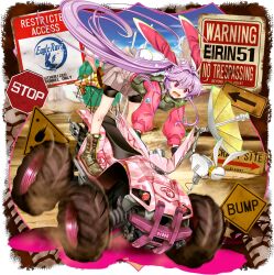 1girl alternate_costume alternate_hairstyle animal_ears animal_print arrow_(symbol) bike_shorts black_shorts blue_sky boots brown_gloves brown_skirt clothing_request cloud day dune_buggy english_text game_cg gloves green_boots hair_ornament highres long_hair long_sleeves lunatic_gun motor_vehicle official_art open_mouth outdoors pleated_skirt ponytail purple_hair rabbit_ears rabbit_girl rabbit_hair_ornament rabbit_print rabbit_tail red_eyes reisen_udongein_inaba road_sign rotte_(1109) satellite_dish shorts sign skirt sky solo star_(symbol) stop_sign tail third-party_source touhou touhou_lostword transparent_background very_long_hair