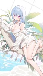 1girl absurdres barefoot blue_hair blush bra breasts choker highres large_breasts long_hair long_sleeves looking_at_viewer miyayoki ocean on_hammock original outdoors palm_tree red_eyes shirt smile solo tree underwear white_bra white_choker white_shirt