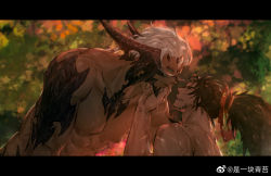 2boys abs bara beard character_request completely_nude couple dark-skinned_male dark_skin dragon_boy dragon_horns dragon_tail eye_contact facial_hair final_fantasy final_fantasy_xiv forest hand_on_another&#039;s_cheek hand_on_another&#039;s_face hien_rijin horns interspecies letterboxed long_hair looking_at_another male_focus mature_male multiple_boys muscular muscular_male nature nipples nude out-of-frame_censoring pectorals scales shiyikuaiqingtai_(weibo7279846390) short_hair size_difference smile tail tree upper_body warrior_of_light_(ff14) watermark weibo_watermark yaoi