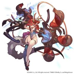 1girl blue_eyes copyright_notice covered_navel facial_mark fangs full_body horns long_hair noire_(othellonia) official_art othellonia pointy_ears red_hair simple_background single_thighhigh so-taro solo thighhighs white_background