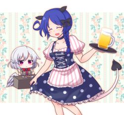 2girls x_mouth alcohol animal_ears apron beer beer_mug black_bow black_choker blue_hair blush blush_stickers bow bowtie braid breasts choker cleavage closed_eyes collarbone cup dirndl doremy_sweet dress floral_background food fork german_clothes hair_bow kishin_sagume knife medium_breasts mug multiple_girls no_headwear open_mouth polka_dot polka_dot_dress puffy_short_sleeves puffy_sleeves red_eyes red_neckwear sausage shiohachi shirt short_sleeves silver_hair single_braid single_wing skirt_hold smile striped_apron striped_clothes striped_shirt tail tapir_ears tapir_tail touhou tray waist_apron white_wings wings