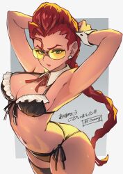 1girl absurdres ap_cammy bare_shoulders bikini black_bikini border braid braided_ponytail breasts brown_hair cleavage cowboy_shot crimson_viper dark-skinned_female dark_skin frilled_bikini_top green_eyes grey_background highres large_breasts long_hair side-tie_bikini_bottom simple_background solo street_fighter sunglasses swimsuit tinted_eyewear white_border yellow-tinted_eyewear