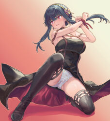 1girl black_boots black_dress black_hair boots bound bound_wrists breasts commentary_request dress earrings gold_hairband hairband hanashima_m highres jewelry large_breasts open_mouth panties pantyshot red_eyes solo spy_x_family sweat thigh_boots underwear white_panties yor_briar