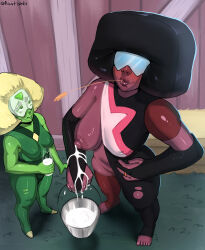 2girls absurdres afro black_hair blonde_hair blush bodysuit bottle breast_milk breasts colored_skin costume dark_skin dress farm fusion garnet_(steven_universe) gem glasses gloves green_bodysuit green_skin highres lactation large_breasts milk_bottle multiple_girls nipples non-web_source peridot_(steven_universe) red_skin short_hair smile steven_universe sunglasses toes