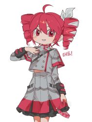 1girl ahoge arm_at_side belt black_belt black_skirt black_sleeve_cuffs blush bow commentary_request cowboy_shot double-parted_bangs drill_hair fingernails grey_jacket grey_skirt grin hair_between_eyes hair_bow hair_ribbon hand_on_own_chest hand_up jacket kasane_teto kasane_teto_(sv) kin_utau korean_commentary korean_text layered_skirt layered_sleeves long_sleeves looking_at_viewer midriff_peek musical_staff musical_staff_print red_belt red_hair red_nails red_skirt red_trim ribbon shoulder_belt shoulder_boards simple_background skirt smile solo striped_clothes striped_jacket striped_skirt synthesizer_v twin_drills utau white_background white_bow white_ribbon