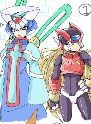 Rule 34 | 2boys, armor, black eyes, blue eyes, blue helmet, blue robe, cowboy shot, cropped, cyber elf x (mega man), forehead jewel, halo, helmet, highres, male focus, mechanical wings, mega man (series), mega man zero (series), meshiuma0x, multiple boys, red armor, red helmet, robe, wings, x (mega man), zero(z) (mega man), zero (mega man)