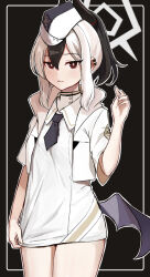 1girl black_background black_hair black_horns black_necktie blue_archive closed_mouth commentary demon_horns dress ear_piercing garrison_cap hair_between_eyes halo hand_up hat highres horns kayoko_(blue_archive) looking_at_viewer multicolored_hair necktie piercing ponytail purple_wings red_eyes short_necktie short_sleeves simple_background single_wing solo standing tentaizukan two-tone_hair utnapishtim_operator_uniform_(blue_archive) white_dress white_hair white_hat wings