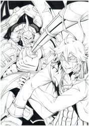 10s 1boy armor bad_id bad_pixiv_id dual_persona highres kageneko_shihan kill_la_kill male_focus mask monochrome nib_pen_(medium) pen_(medium) sanageyama_uzu sanageyama_uzu_(blade_regalia) scar shinai solo sword traditional_media weapon