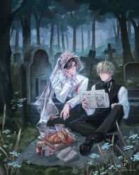 Rule 34 | 2boys, alien stage, black bow, black bowtie, black hair, black vest, blood, blood on face, bow, bowtie, commentary, croissant, english commentary, food, fruit, grass, grey hair, halloween, highres, holding, holding newspaper, ivan (alien stage), jacket, jam, jar, jayohdotp, male focus, multiple boys, newspaper, on ground, see-through clothes, see-through veil, shirt, sitting, strawberry, till (alien stage), tombstone, tree, veil, vest, white jacket, white shirt