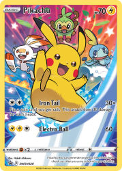 :3 :d animal_focus arms_up artist_name blue_eyes bright_pupils card_(medium) character_name company_name copyright_name copyright_notice dot_nose english_text fangs fire gen_1_pokemon gen_8_pokemon grookey iron_tail_(pokemon) ishikawa_hideki leaf nintendo no_humans nostrils official_art open_mouth pikachu pokemon pokemon_(creature) pokemon_card pokemon_focus pokemon_move pokemon_tcg scorbunny smile sobble star_(symbol) starter_pokemon_trio teeth third-party_source trading_card water white_pupils