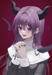 Rule 34 | 1girl, absurdres, alternate species, black dress, black horns, black nails, blue eyes, blush, breasts, ciel lumiere, collar, commentary, demon, demon girl, demon horns, dress, ear piercing, eyebrows hidden by hair, eyelashes, furrowed brow, gradient background, guimpe, hair between eyes, hair intakes, heart, heart-shaped pupils, heterochromia, highres, horns, jewelry, long bangs, long hair, long sleeves, looking at viewer, luxiel, medium breasts, nail polish, necklace, nun, open mouth, original, own hands together, piercing, pink eyes, purple hair, radial gradient background, red background, solo, symbol-only commentary, symbol-shaped pupils, teeth, tongue, traditional nun, upper teeth only, white collar