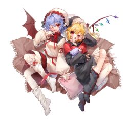 2girls 80isiiii ahoge bat_wings black_hat black_pajamas black_socks blonde_hair blue_hair commentary commission fang flandre_scarlet full_body hat highres holding holding_pillow long_sleeves looking_at_viewer loose_socks mob_cap multiple_girls neck_ribbon one_eye_closed pajamas pillow pink_hat pink_pajamas pointy_ears puffy_long_sleeves puffy_sleeves red_eyes red_nails red_ribbon remilia_scarlet ribbon rubbing_eyes short_hair siblings simple_background sisters skeb_commission skin_fang slit_pupils socks stuffed_animal stuffed_toy symbol-only_commentary teddy_bear touhou watermark white_background white_socks wings yawning