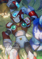 Rule 34 | 3boys, armor, axl (mega man), blonde hair, chest jewel, forehead jewel, helmet, long hair, lying, male focus, mega man (series), mega man x (series), multiple boys, on back, red armor, red helmet, sleeping, solo focus, twitter username, watermark, x (mega man), yamanashi taiki, zero (mega man)