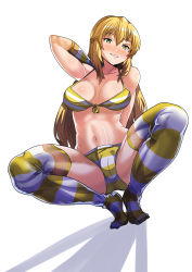 1girl absurdres arm_behind_back arm_behind_head bikini blonde_hair blush breasts cleavage elbow_gloves gloves hair_between_eyes highres julioalqae large_breasts long_hair looking_at_viewer multicolored_bikini navel parted_lips shadow shiny_skin shokuhou_misaki smile solo sparkling_eyes spread_legs squatting striped_bikini striped_clothes striped_gloves striped_thighhighs swimsuit thighhighs thighs tiptoes toaru_kagaku_no_mental_out toaru_kagaku_no_railgun toaru_majutsu_no_index two-tone_bikini two-tone_gloves white_background white_bikini white_gloves white_thighhighs yellow_bikini yellow_eyes yellow_gloves yellow_thighhighs