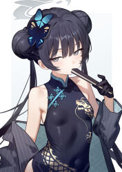 1girl absurdres armpit_crease black_coat black_gloves blue_archive blush butterfly_hair_ornament china_dress chinese_clothes coat commentary_request commission covered_navel double_bun dragon_print dress eco_376124 gloves grey_eyes grey_halo hair_bun hair_ornament halo hand_fan highres holding holding_fan huge_filesize kisaki_(blue_archive) loli long_hair long_sleeves looking_at_viewer off_shoulder open_clothes open_coat pelvic_curtain pixiv_commission print_dress simple_background sleeveless sleeveless_dress solo striped_coat upper_body vertical-striped_coat white_background