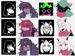 ... 1boy 1girl ^_^ animal_ears closed_eyes colored_skin deltarune fangs furry furry_female furry_male glasses goat_boy goat_ears goat_horns green-framed_eyewear green_hat hat horns long_hair looking_at_viewer multiple_expressions multiple_views open_mouth pink_eyes pink_hair pink_scarf pink_skin portrait purple_hair ralsei reference_inset round_eyewear sanbel780308 scarf screenshot_inset simple_background smile sparkle spoken_ellipsis susie_(deltarune) white_background