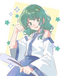 1girl blue_skirt detached_sleeves frog_hair_ornament gohei green_eyes green_hair hair_ornament highres holding holding_gohei jibao kochiya_sanae legacy_of_lunatic_kingdom looking_at_another nontraditional_miko off_shoulder official_alternate_hairstyle short_hair skirt smile snake_hair_ornament solo touhou wide_sleeves