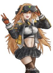 1girl ;3 black_jacket black_skirt breasts brown_thighhighs chest_harness closed_mouth crop_top girls&#039;_frontline girls&#039;_frontline_2:_exilium gloves hands_up harness headgear highres jacket jhands_onpc knee_pads lenna_(girls&#039;_frontline_2) long_hair looking_at_viewer medium_breasts midriff miniskirt navel one_eye_closed open_clothes open_jacket orange_hair pleated_skirt red_eyes shirt simple_background single_knee_pad single_leg_pantyhose single_thighhigh skirt smile solo stomach thighhighs tongue tongue_out twintails ump9_(girls&#039;_frontline) v very_long_hair white_background white_shirt