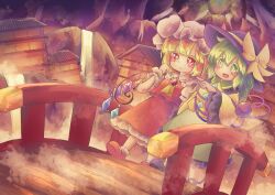 2girls a_fragment_of_water absurdres ascot blonde_hair blush bow chibi crystal_wings flandre_scarlet full_body green_eyes green_hair hat hat_ribbon highres japanese_clothes komeiji_koishi long_sleeves mob_cap multiple_girls open_mouth red_eyes ribbon short_hair smile third_eye touhou wings wrist_cuffs yellow_ascot yellow_bow