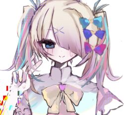 Rule 34 | 1girl, 4 (nn 1 zo), ame-chan (needy girl overdose), arm up, blonde hair, blue eyes, blue hair, bow, censored, chest bow, chou ame-chan (needy girl overdose), colored tips, diagonal bangs, glitch, glitch censor, hair bow, hair ornament, hair over one eye, hair ribbon, looking at viewer, multicolored hair, multiple hair bows, needy girl overdose, pink hair, pink serafuku, ribbon, school uniform, serafuku, short twintails, smile, solo, twintails, upper body, v, white background, x hair ornament