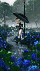 1girl absurdres ahoge ascot banjie black_hat black_jacket black_shoes black_shorts black_socks black_umbrella blonde_hair blue_flower blush bush chinese_commentary commentary_request flower full_body hair_ribbon hand_on_own_hip hat hat_flower highres holding holding_umbrella hydrangea jacket long_hair long_sleeves looking_at_viewer open_mouth original outdoors rain ribbon rose shoes shorts smile socks solo standing tree umbrella white_ascot white_flower white_rose yellow_eyes