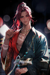 1boy aqua_eyes aqua_gemstone aqua_kimono asymmetrical_clothes bare_pectorals beads bishounen blurry blurry_background blush bodypaint bokeh bracelet chromatic_aberration closed_mouth dante_(nu_carnival) dark_skin dated depth_of_field earrings english_text gem hair_ornament hand_up heterochromia high_ponytail highres japanese_clothes jewelry kimono long_hair long_sleeves looking_at_viewer male_focus necklace nipples nu_carnival obi official_alternate_costume official_alternate_hairstyle owner_bird pectoral_cleavage pectorals ponytail red_eyes red_hair red_kimono sash smile solo tan two-tone_kimono upper_body wide_sleeves yellow_sash