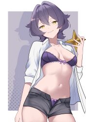1girl absurdres black_shorts bow bow_panties bra breasts hair_between_eyes hair_intakes highres hiiragi_utena holding holding_star looking_at_viewer mahou_shoujo_ni_akogarete medium_breasts navel open_mouth panties purple_bra purple_hair purple_panties shadow shirt short_hair short_shorts shorts smile solo star_(symbol) stomach unbuttoned underwear white_shirt xueli_shimazaki yellow_eyes