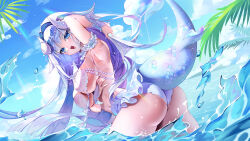 Rule 34 | 1girl, absurdres, arm under breasts, ass, bikini, blue eyes, blue sky, breasts, cloud, commission, fangwan, feeshyz, hair intakes, highres, horns, indie virtual youtuber, long hair, ocean, open mouth, palm leaf, purple nails, shell, shell bikini, sky, solo, swimsuit, tail, virtual youtuber, watermark, wet, white horns