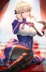 1girl ahoge artoria_pendragon_(fate) black_boots black_pantyhose blonde_hair blue_dress boots breasts cleavage commentary dress english_commentary fate/stay_night fate/unlimited_blade_works fate_(series) green_eyes highres honkai:_star_rail honkai_(series) large_breasts lying mcdobo on_side pantyhose saber_(fate) saber_(honkai:_star_rail)_(fate) short_hair shrug_(clothing) sitting sitting_on_stairs smile solo stairs
