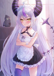 1girl absurdly_long_hair ahoge alternate_costume apron backlighting black_dress black_horns blush braid braided_bangs commentary_request cowboy_shot crossed_arms crow_(la+_darknesss) curtains demon_girl demon_horns double-parted_bangs dress enmaided grey_hair highres himexin hololive horns indoors la+_darknesss long_hair looking_at_viewer maid maid_apron maid_headdress multicolored_hair parted_lips pointy_ears purple_hair purple_thighhighs short_dress single_thighhigh sleeveless sleeveless_dress slit_pupils solo streaked_hair striped_horns tail thighhighs very_long_hair virtual_youtuber white_apron yellow_eyes