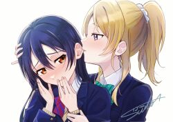 2girls ayase_eli biting blazer blonde_hair blue_eyes blue_hair blue_jacket blush bow bowtie collared_shirt commentary_request biting_ear furrowed_brow green_bow green_bowtie hand_on_another&#039;s_head highres jacket long_hair long_sleeves looking_at_another love_live! love_live!_school_idol_project multiple_girls orange_eyes otonokizaka_school_uniform parted_lips ponytail red_bow red_bowtie school_uniform shirt sidelocks sonoda_umi striped_bow striped_bowtie striped_clothes suito upper_body white_background white_shirt winter_uniform yuri