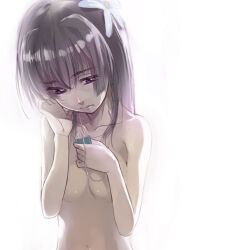 00s 1girl 2009 alternate_eye_color andou_shuki bare_shoulders black_hair breasts collarbone completely_nude female_focus flower frown hair_flower hair_ornament long_hair looking_down medium_breasts navel nude purple_eyes saten_ruiko solo toaru_kagaku_no_railgun toaru_majutsu_no_index upper_body white_background