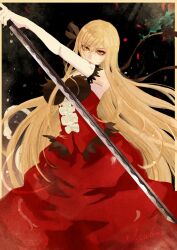1girl blonde_hair dress elbow_gloves feather-trimmed_gloves gloves highres holding holding_sword holding_weapon izu_lemon kiss-shot_acerola-orion_heart-under-blade kizumonogatari monogatari_(series) oshino_shinobu solo strapless strapless_dress sword vampire weapon yellow_eyes