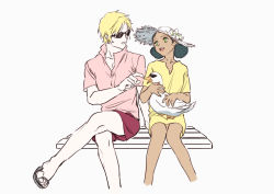 1boy 1girl bird blonde_hair casual char_aznable dark-skinned_female dark_skin dress green_eyes gundam hangleing hat lalah_sune mobile_suit_gundam sandals sitting sunglasses swan