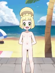 1girl :d aged_down arms_behind_back bar_censor beach_towel blonde_hair censored chiwino cloud collarbone commentary_request completely_nude day flat_chest gen_7_pokemon green_eyes hair_bun happy highres knees large_variant_set lillie_(pokemon) loli looking_at_viewer navel nintendo nipples nude open_mouth outdoors palm_tree pokemon pokemon_(anime) pokemon_(creature) pokemon_sm_(anime) pussy pyukumuku sand shore short_hair sky smile standing towel tree variant_set water