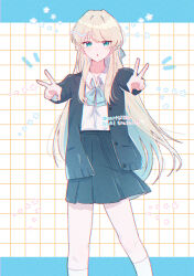 1girl :o artist_name black_cardigan black_skirt blonde_hair blue_archive blue_bow blue_bowtie blue_eyes blush bow bowtie cardigan collared_shirt commentary_request double_v feet_out_of_frame film_grain hair_intakes highres kuritiizu long_hair looking_at_viewer notice_lines official_alternate_costume official_alternate_hairstyle open_cardigan open_clothes open_mouth outstretched_arms pleated_skirt school_uniform shirt sidelocks simple_background skirt solo standing straight_hair toki_(blue_archive) toki_(school_uniform)_(blue_archive) v very_long_hair white_background white_shirt
