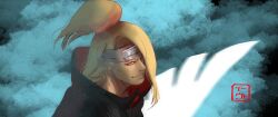 1boy 2020 absurdres akatsuki_uniform blonde_hair blue_eyes clay cloud cloudy_sky commentary deidara_(naruto) english_commentary eva_(invisibleninja12) forehead_protector hair_over_one_eye high_collar highres iwagakure_symbol long_hair male_focus motoyui naruto naruto_(series) night night_sky ninja one_eye_covered outdoors ponytail sky smile solo teeth translation_request
