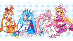 1boy 3girls :o ankle_boots arm_support ascot belt black_belt black_hat blonde_hair blue_background blue_boots blue_bow blue_cape blue_dress blue_eyes blue_hair boots bow bow_skirt braid braided_bangs bridal_gauntlets brooch butterfly_hat_ornament cape closed_mouth coattails cropped_jacket cropped_shirt crown_braid cure_butterfly cure_prism cure_sky cure_wing cut_bangs detached_sleeves dress dress_bow earrings elbow_gloves fingerless_gloves frilled_dress frilled_shirt frilled_shorts frills fringe_trim glove_bow gloves gradient_hair green_eyes hair_bow hair_ornament hand_in_own_hair hat hat_ornament highres hijiri_ageha hirogaru_sky!_precure hugging_own_legs indian_style jacket jewelry knee_boots layered_dress layered_gloves long_hair looking_at_viewer low_ponytail magical_boy magical_girl medium_dress microskirt midriff mini_hat mini_top_hat mob_cap multicolored_hair multiple_girls navel nijigaoka_mashiro orange_boots orange_gloves orange_hair orange_jacket orange_shorts orange_vest outline pantyhose parted_lips pink_boots pink_bow pink_gloves pink_hair pink_hat pink_shirt pink_skirt pleated_skirt ponytail precure puffy_detached_sleeves puffy_short_sleeves puffy_sleeves purple_eyes purple_pantyhose red_bow red_cape red_eyes shirt short_sleeves shorts showgirl_skirt side_braids single_leg_pantyhose single_sidelock sitting skirt sleeveless sleeveless_dress sleeveless_shirt smile sora_harewataru streaked_hair thigh_strap thighhighs tilted_headwear top_hat twintails two-sided_cape two-sided_fabric two-tone_dress two-tone_hair umiyuki_(umi_chu) very_long_hair vest white_ascot white_boots white_bow white_dress white_gloves white_outline white_thighhighs wing_brooch wing_hair_ornament yokozuwari yuunagi_tsubasa