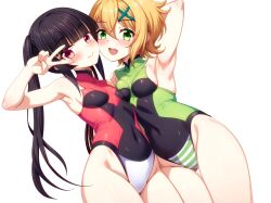 2girls akatsuki_kirika arm_behind_head armpits asymmetrical_docking black_hair black_leotard blonde_hair blush breast_press breasts closed_mouth covered_navel eyebrows_hidden_by_hair gluteal_fold green_eyes green_leotard groin hair_between_eyes highres leotard long_hair looking_at_viewer multiple_girls open_mouth red_eyes red_leotard senki_zesshou_symphogear sho2 short_hair simple_background small_breasts smile teeth thigh_gap tsukuyomi_shirabe undersuit upper_teeth_only v white_background