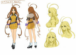 1girl antenna_hair azure_striker_gunvolt azure_striker_gunvolt_2 breasts brown_hair concept_art cropped_jacket dress full_body green_eyes jacket large_breasts long_hair multiple_views nike_(gunvolt) official_art open_clothes open_jacket reference_sheet simple_background white_background white_jacket yellow_dress