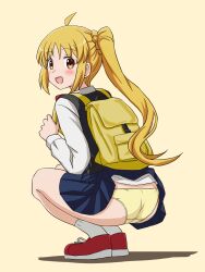 1girl ahoge backpack bag black_sweater_vest blonde_hair blue_skirt bocchi_the_rock! clothes_lift commentary_request commission crotch_seam dress_shirt from_behind full_body highres ijichi_nijika lielos light_blush long_sleeves looking_at_viewer looking_back miniskirt open_mouth panties pantyshot partial_commentary pixiv_commission pleated_skirt red_eyes red_shoes school_uniform shadow shimokitazawa_high_school_uniform shirt shoes side_ponytail simple_background skirt skirt_lift smile sneakers socks solo squatting sweater_vest underwear wardrobe_malfunction white_shirt white_socks yellow_background yellow_panties
