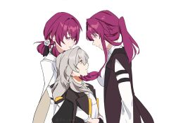 3girls animal_ears black_coat black_gloves black_jacket coat commentary girl_sandwich gloves grey_hair hetare_mizu highres honkai:_star_rail honkai_(series) hug hug_from_behind jacket kafka_(honkai:_star_rail) long_hair multiple_girls parted_lips ponytail purple_eyes purple_gloves purple_hair sandwiched shirt simple_background smile stelle_(honkai:_star_rail) sweatdrop symbol-only_commentary trailblazer_(honkai:_star_rail) white_background white_coat white_shirt yellow_eyes yuri