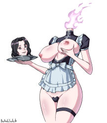 1girl apron behnbladeh black_hair breasts dullahan fire grabbing_own_breast highres holding holding_plate large_breasts maid maid_apron mole non-web_source original plate short_hair smile