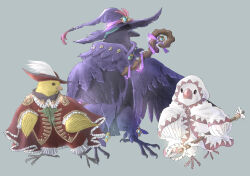 animal animal_focus beak bird black_mage_(final_fantasy) clothed_animal crow final_fantasy finch grey_background hat hat_feather highres holding holding_staff hood hood_up piyoco purple_headwear red_headwear red_mage_(final_fantasy) robe simple_background staff tricorne white_mage_(final_fantasy) white_robe witch_hat