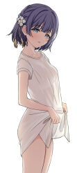 1girl absurdres blue_eyes blunt_bangs blush bottomless braid breasts collarbone dress_shirt flower gakuen_idolmaster hair_flower hair_ornament hataya_misuzu highres idolmaster looking_at_viewer mole mole_under_mouth naked_shirt no_bra no_panties no_pants open_mouth oversized_clothes oversized_shirt purple_hair see-through_clothes see-through_shirt shirt shirt_tug short_hair solo sulgi_park white_shirt